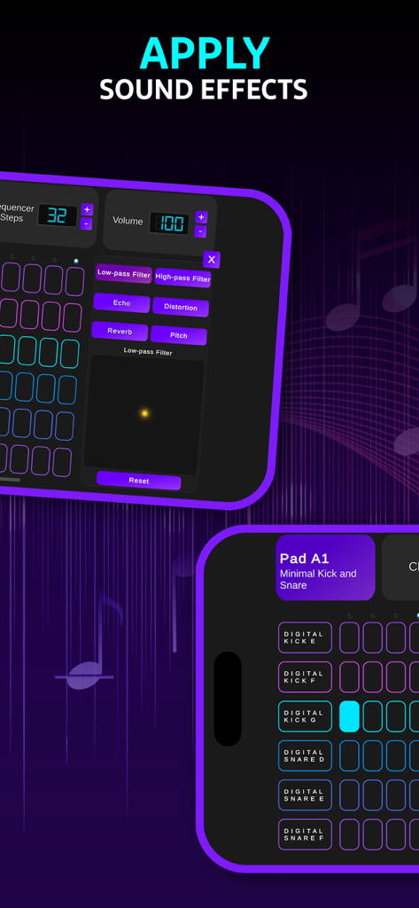 LoopForge - Interfaz de la aplicación móvil LoopForge que muestra filtros de efectos de sonido como eco y distorsión, y un secuenciador de pasos.