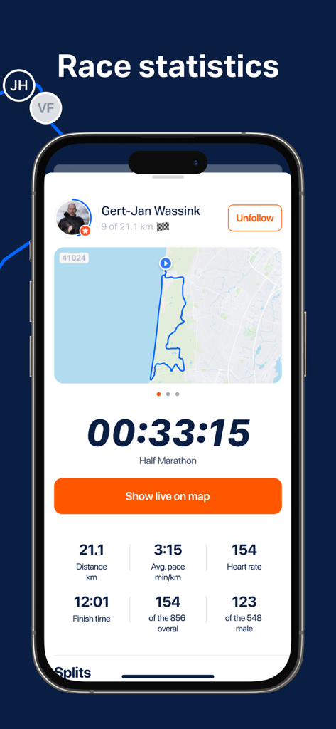 TRACX app interface showing live athlete statistics including pace heart rate and course map for a half marathon