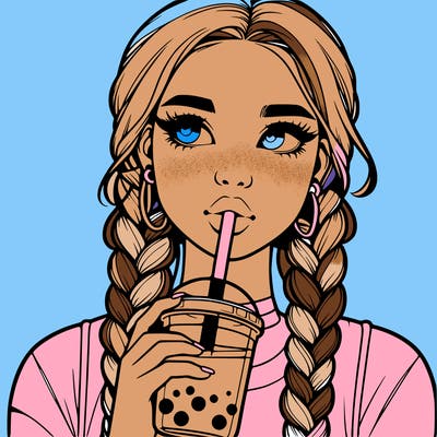 realistic girl with braided hair drinking boba
