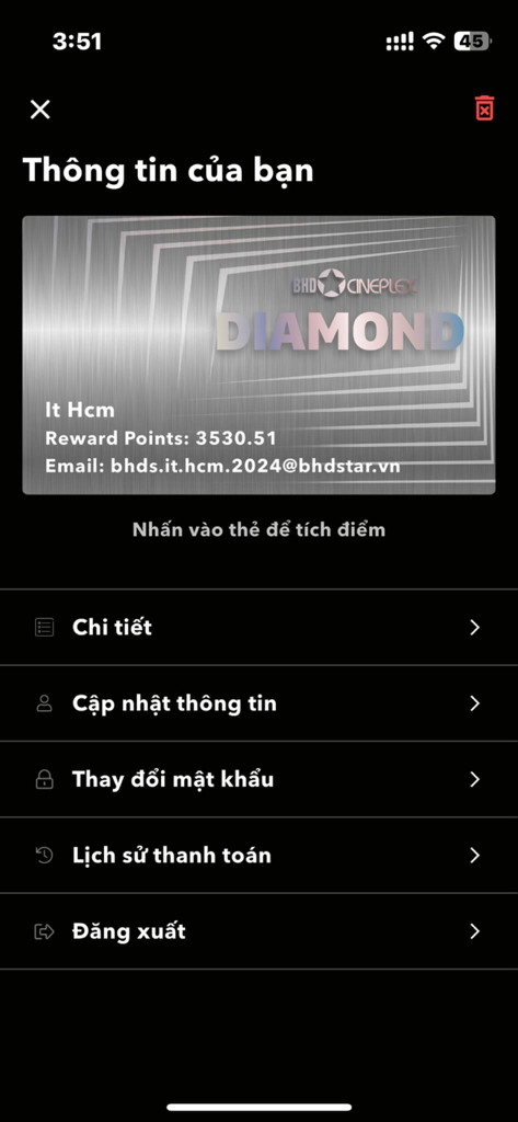 BHD Star Cineplex VN - Pantalla de cuenta de usuario de la aplicación BHD Star Cineplex VN que muestra la tarjeta de membresía Diamond y el saldo de puntos de recompensa
