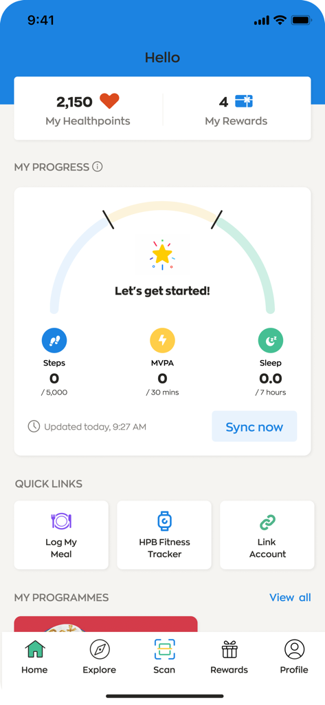 Healthy 365 - Healthy 365 mobile app dashboard showing healthpoints rewards and daily activity progress for steps and sleep