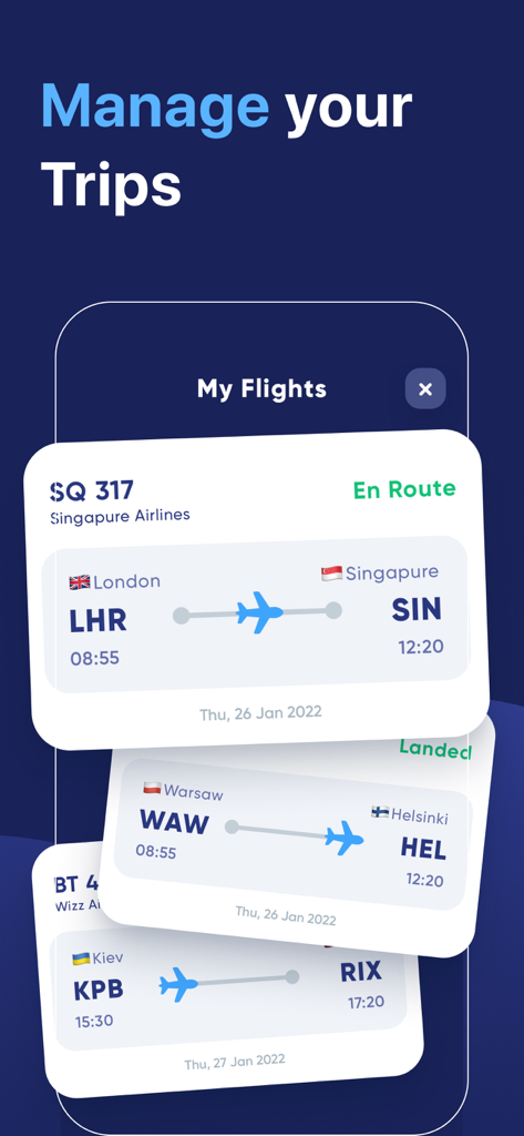 Flight Tracker & Radar - Interface of the Flight Tracker app showing the My Flights dashboard with status cards for different flights