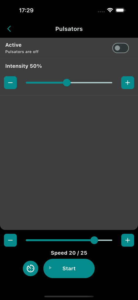 Interface do aplicativo EMDR kit mostrando controles de intensidade e velocidade para pulsadores