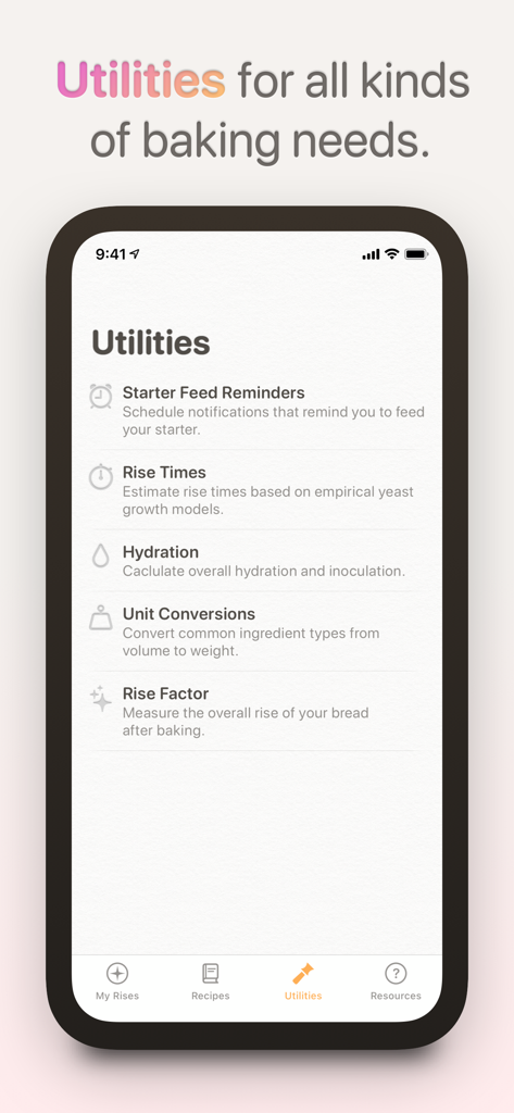 Rise: Baking & Bread Recipes - Utilities screen in the Rise app showing bread baking tools like starter feed reminders and hydration calculators.