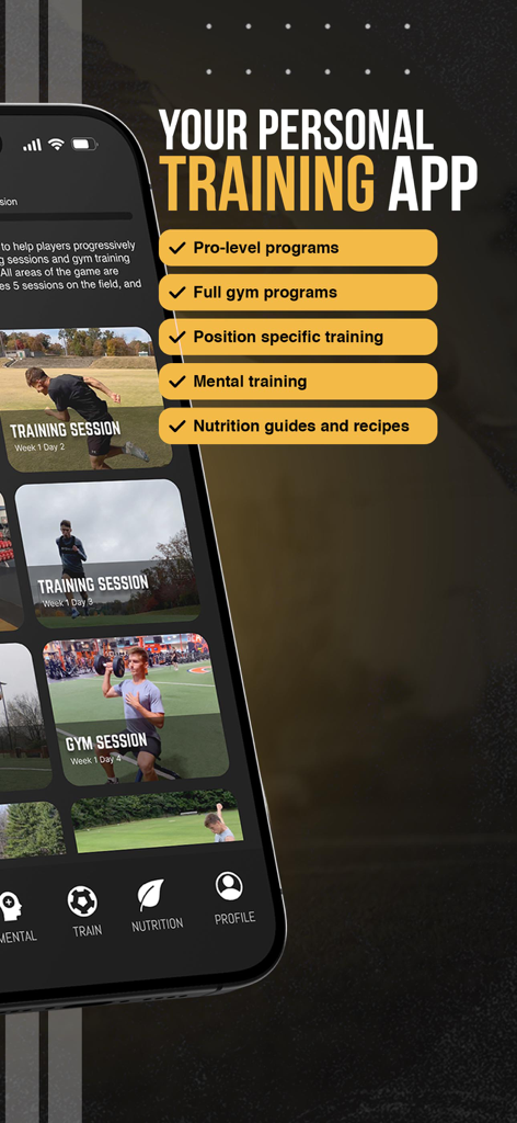 NSP Soccer Training - NSP Soccer Training app interface displaying elite programs for gym mental and nutrition training