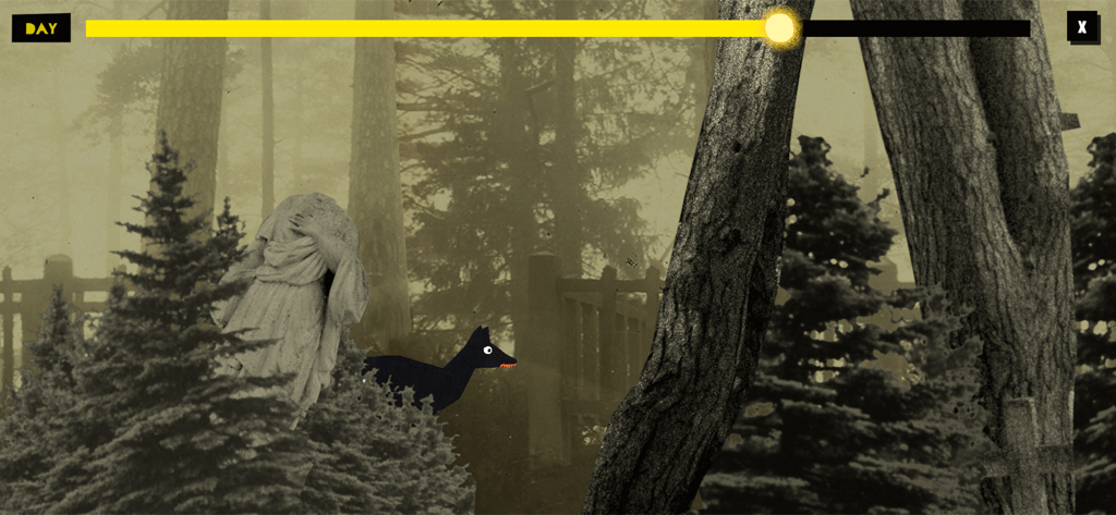 Real Vampires - Surreal forest scene with a headless statue and a dark creature from the Real Vampires adventure game