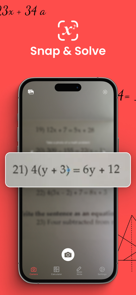 Photo Math Solver - Photo Math Solver app camera scanning an algebraic equation on an iPhone screen.