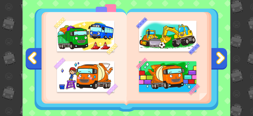 Tayo Coloring & Games - Un álbum digital en la aplicación Tayo Dibujo y Juegos mostrando páginas de colorear completadas de autobuses y vehículos de construcción