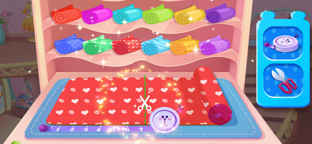 Little Fashion Tailor 2 - Measuring and cutting red heart patterned fabric in a tailor shop game