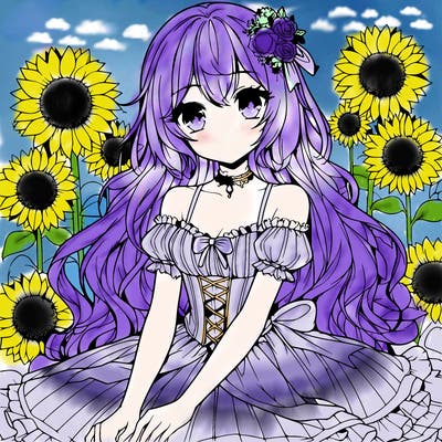 realistic anime girl in a beautiful dress sitting in a sunflower field