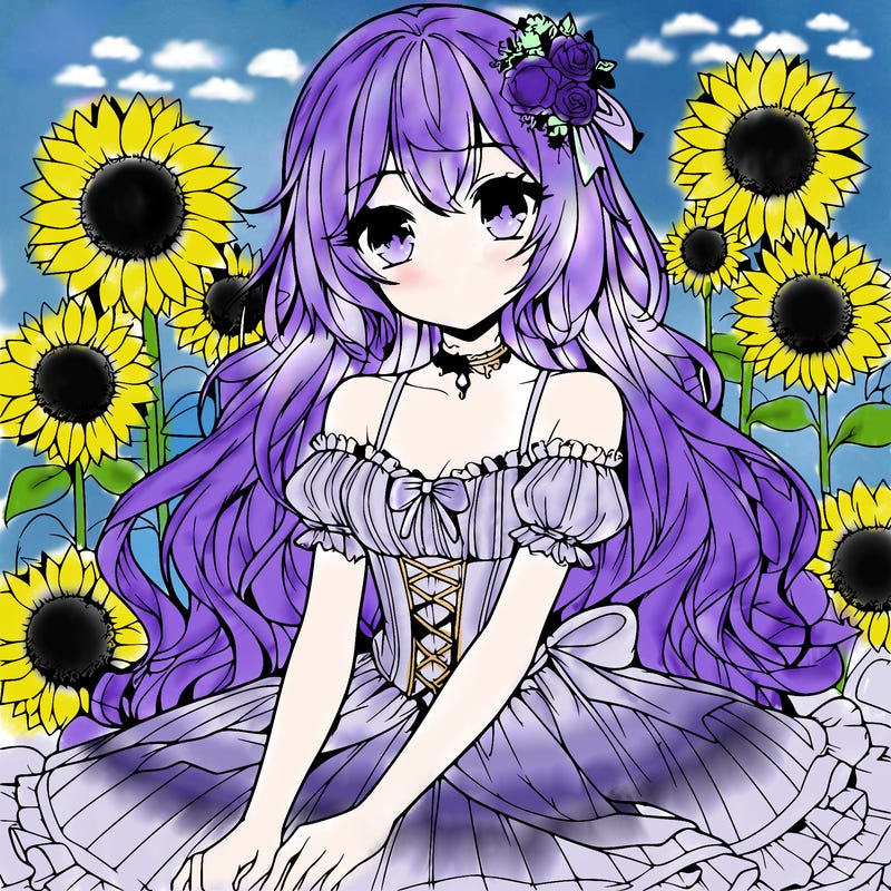 realistic anime girl in a beautiful dress sitting in a sunflower field