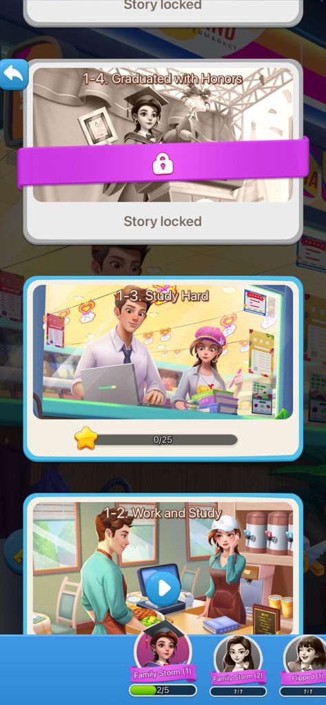 Merge Night Live - Interface of Merge Night Live showing game chapters with titles like Work and Study and Graduated with Honors