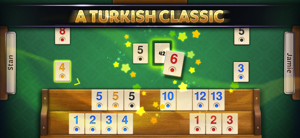 Gameplay of the Okey mobile app showing numbered tile sets on a wooden rack and a green tabletop.