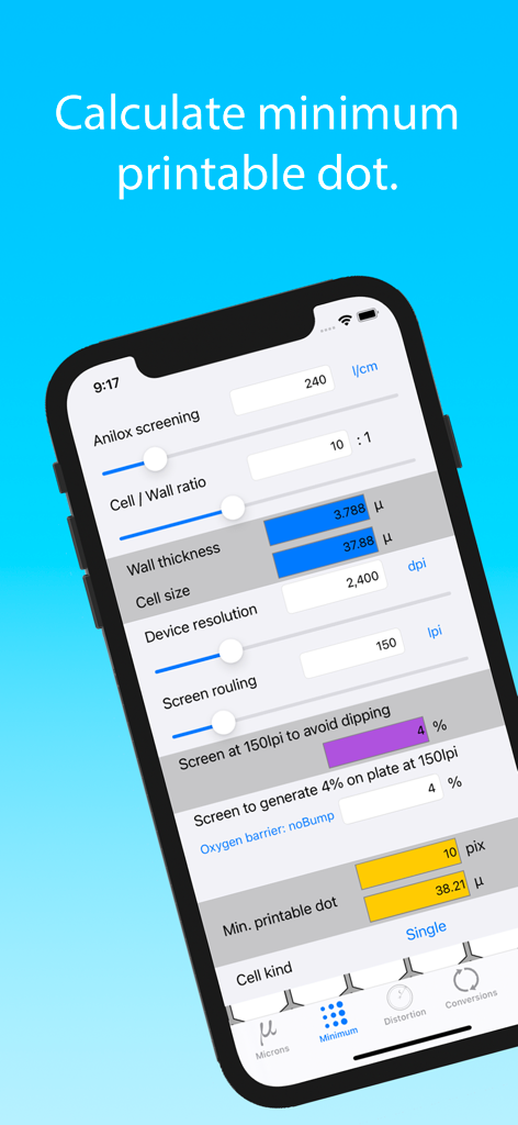 FlexoCalculator app interface for calculating minimum printable dots to avoid dipping in flexo printing