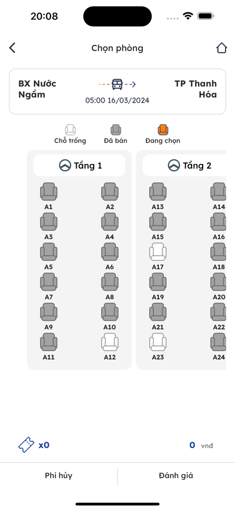 Xe Vân Anh - Seat selection screen in the Xe Van Anh app showing a two-floor seating map for a limousine bus trip from Hanoi to Thanh Hoa.