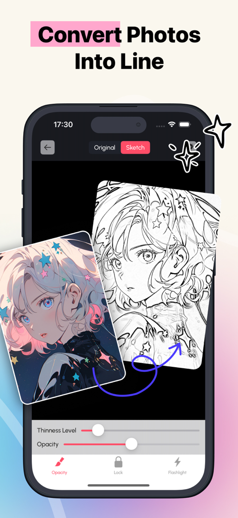 AR Drawing: Sketch Trace Draw - Smartphone screen showing an anime character photo being converted into a line sketch with adjustable thinness and opacity settings.
