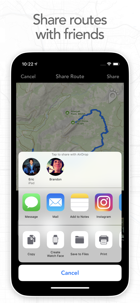 An iPhone screen showing the share menu in the Footpath Route Planner app to send a hiking route to friends
