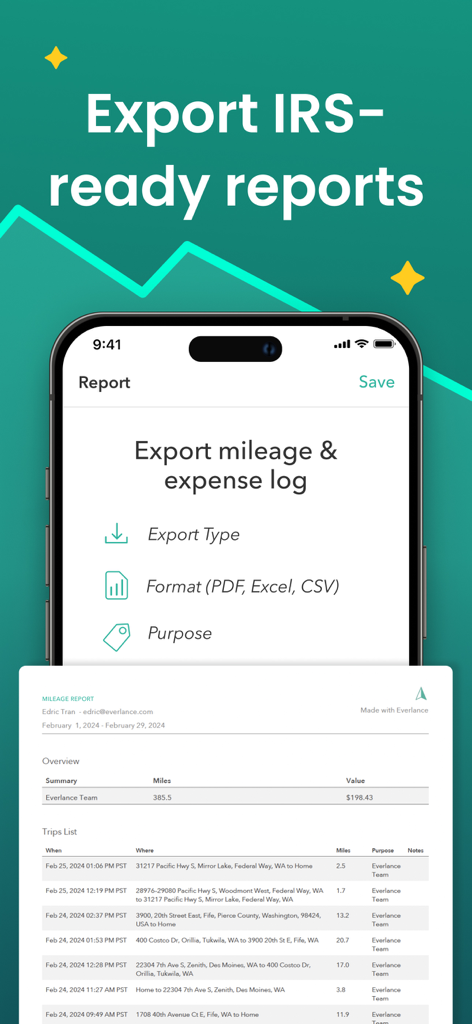 Everlance: Mileage Tracker - Everlance app interface for exporting IRS ready mileage and expense reports