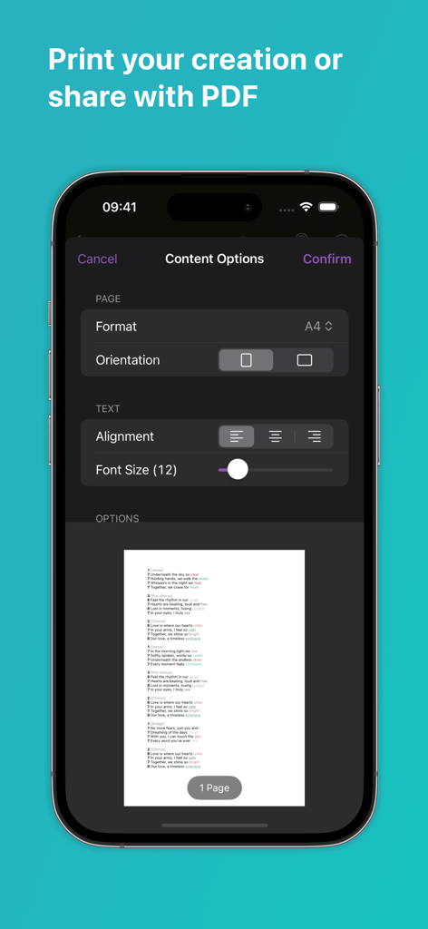Lyrcs app interface showing content options for printing or sharing lyrics as a PDF including page format and font size settings