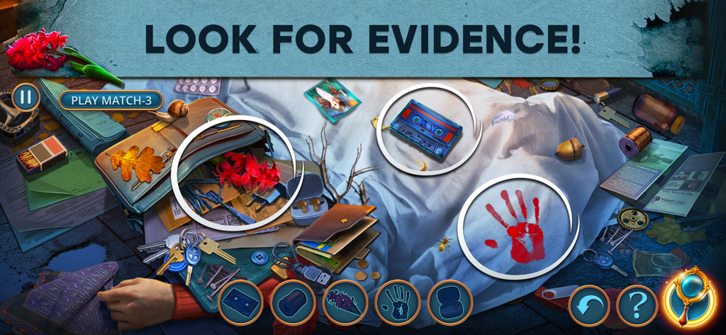 Unsolved Case: Hyacinth F2P - Una escena de objetos ocultos en Unsolved Case Hyacinth que muestra varias pruebas como una huella de mano ensangrentada y una cinta de cassette