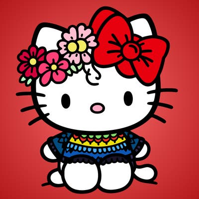 hello kitty, with a flower crown