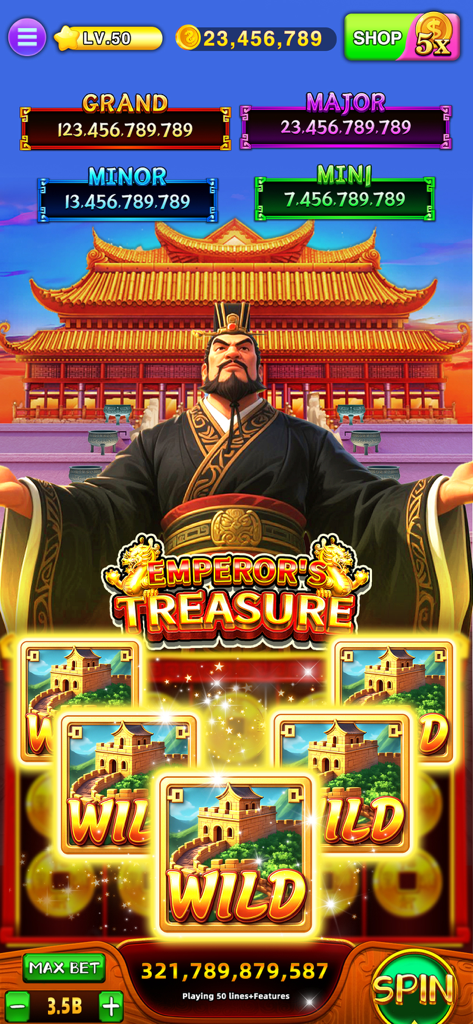 Lucky Jackpot Slots Casino game screen featuring the Emperor Treasure theme with Chinese temple graphics and Wild symbols.