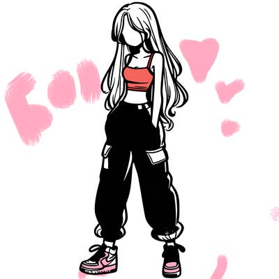 girl in baggy pants crop top and long hair
