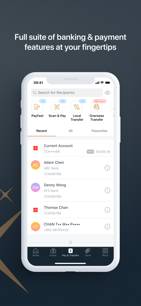 Interface of the DBS digibank HK app showing options for local and overseas transfers with a list of recent recipients.