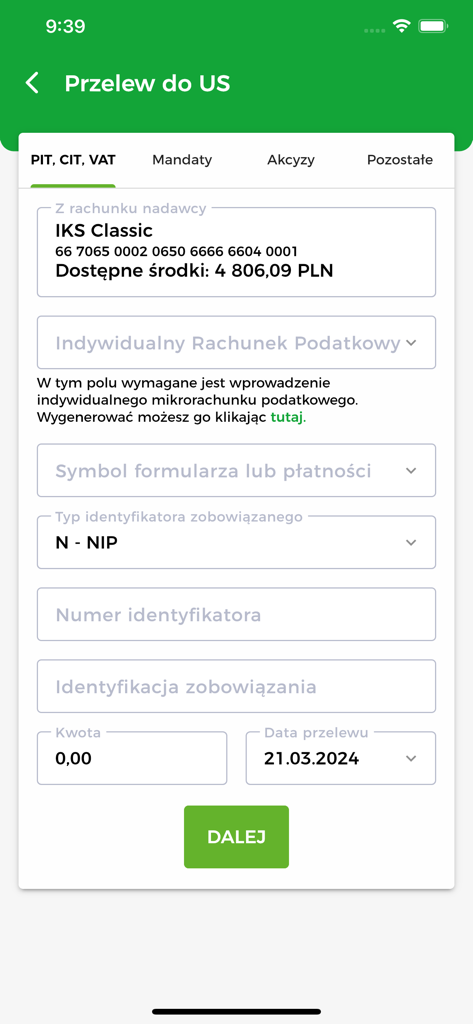 Kasa Stefczyka Online - Tax transfer form in the Kasa Stefczyka Online mobile banking app for PIT and VAT payments.