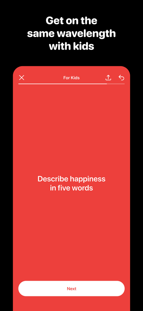 HH Talk - Deep Conversations - HH Talk app screenshot showing a question for children on a red background