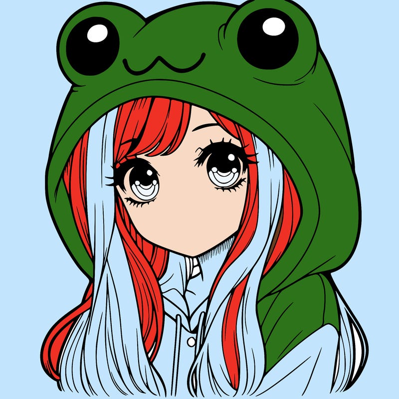 a pretty girl wearing a frog hoodie portrait with long hair