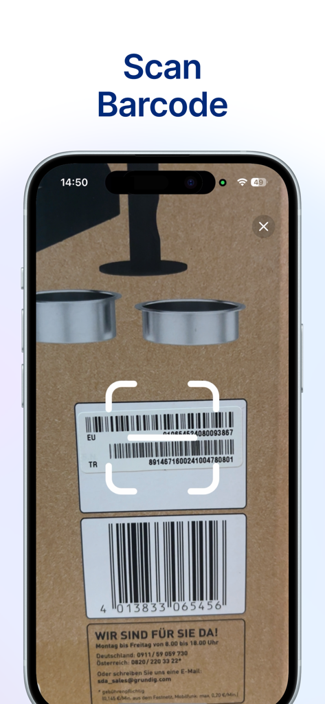 Parcel Tracker: Simple & Fast - Interfaz de la app Seguimiento de Paquetes mostrando la función de escaneo de código de barras en una caja de envío