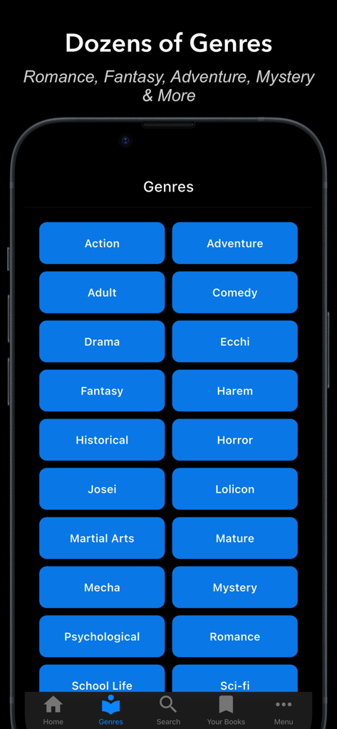 Light Novel - Offline Reader - Pantalla de géneros de la aplicación Novela Ligera mostrando categorías como aventura de acción y fantasía