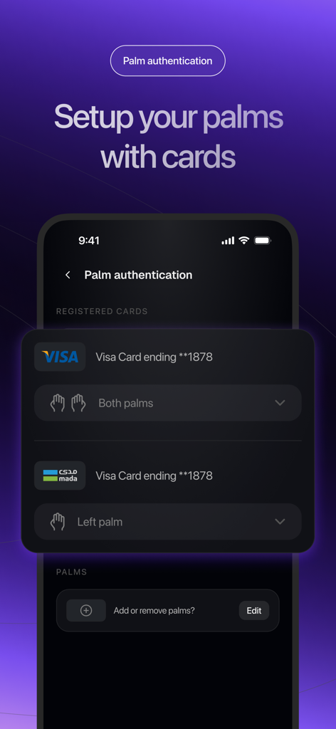 Link Wallet App - Tela de configuração para autenticação biométrica de palma do Link Wallet mostrando cartões Visa registrados