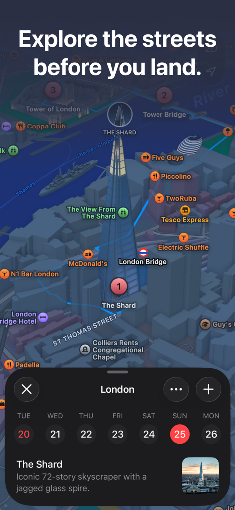 A 3D map view of London landmarks like The Shard in the ikisaki travel planner app.