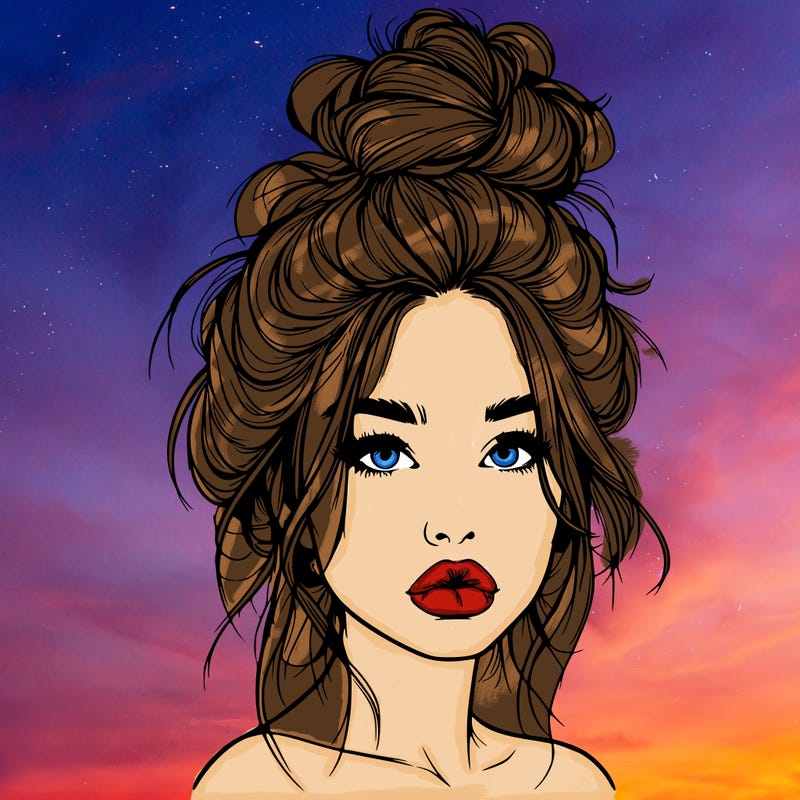 realistic girl with a messy bun and she has lips