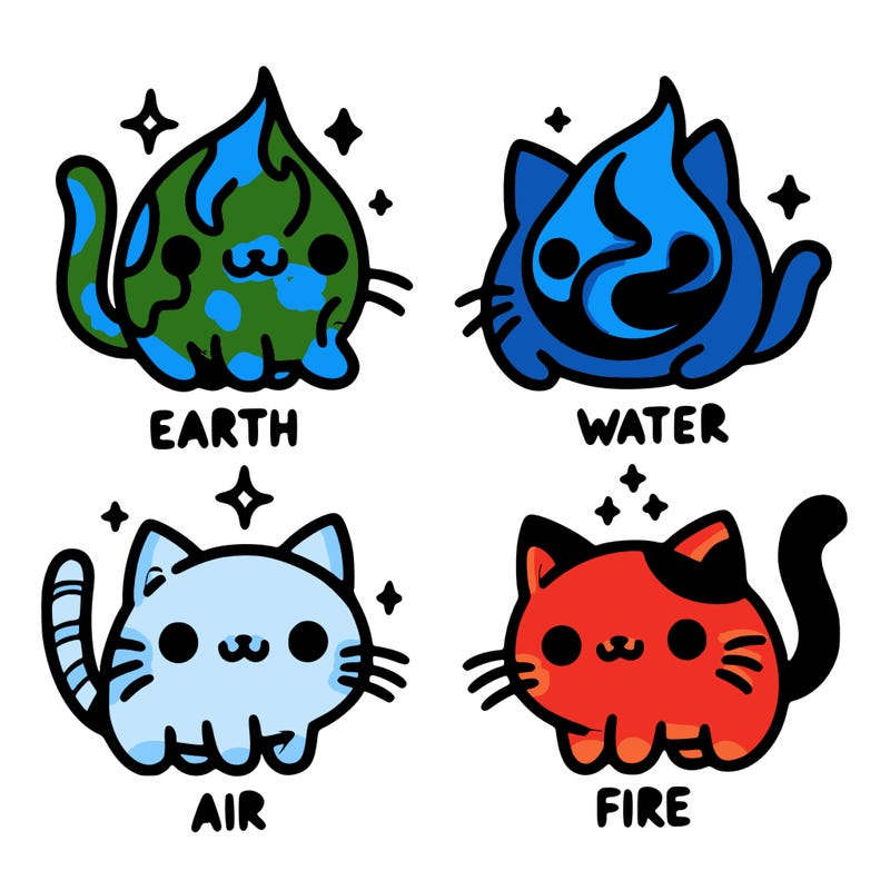 4 cats that represent the different elements, earth, water, air, and fire