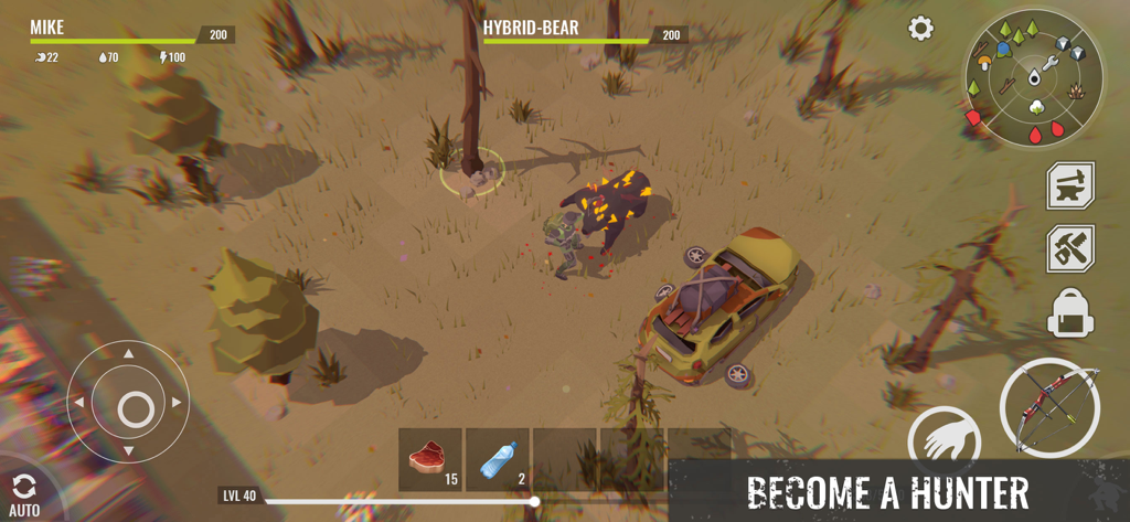 No Way To Die: Time to Survive - Top down view of a character fighting a hybrid bear in a low poly survival game environment.