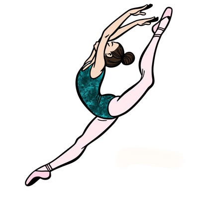 gymnast doing a leap in a leotard with a bent back leg