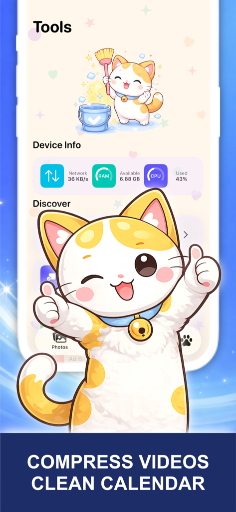 Cleaner Kiki: Storage Cleanup - Cleaner Kiki app dashboard showing device performance stats and a cute cat mascot.