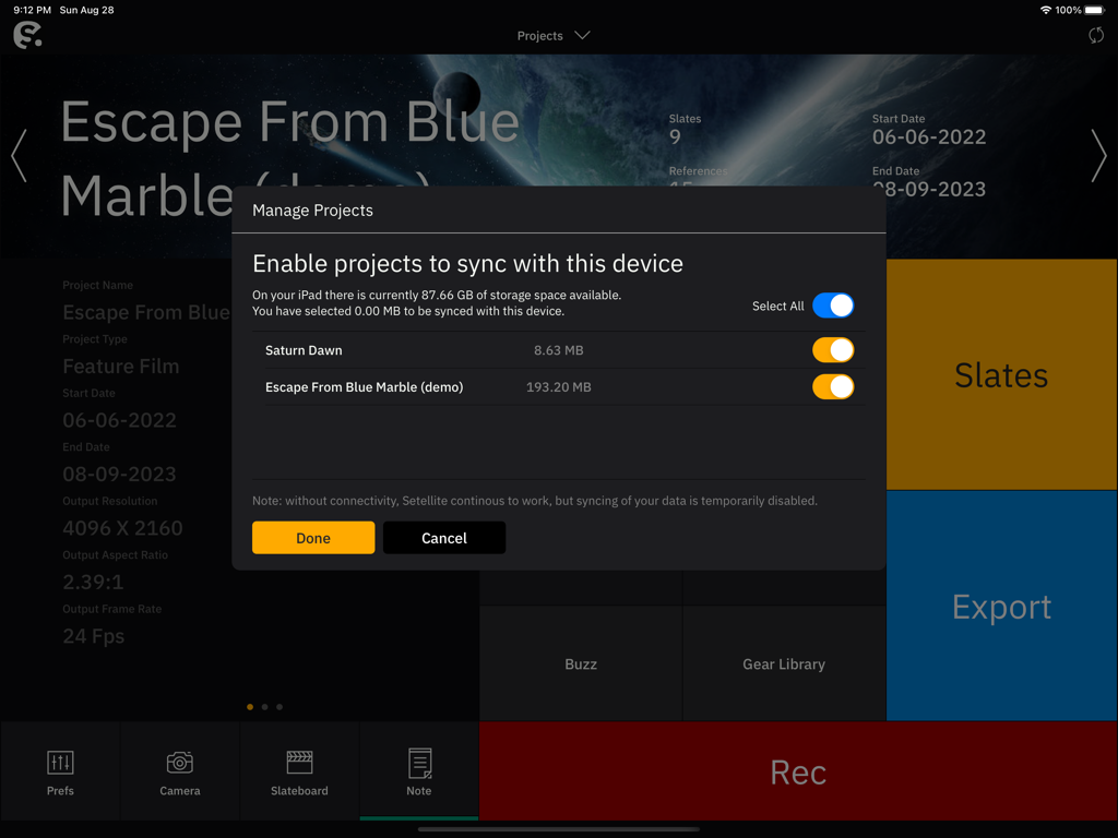 Setellite - Setellite iPad app interface showing project synchronization management settings.