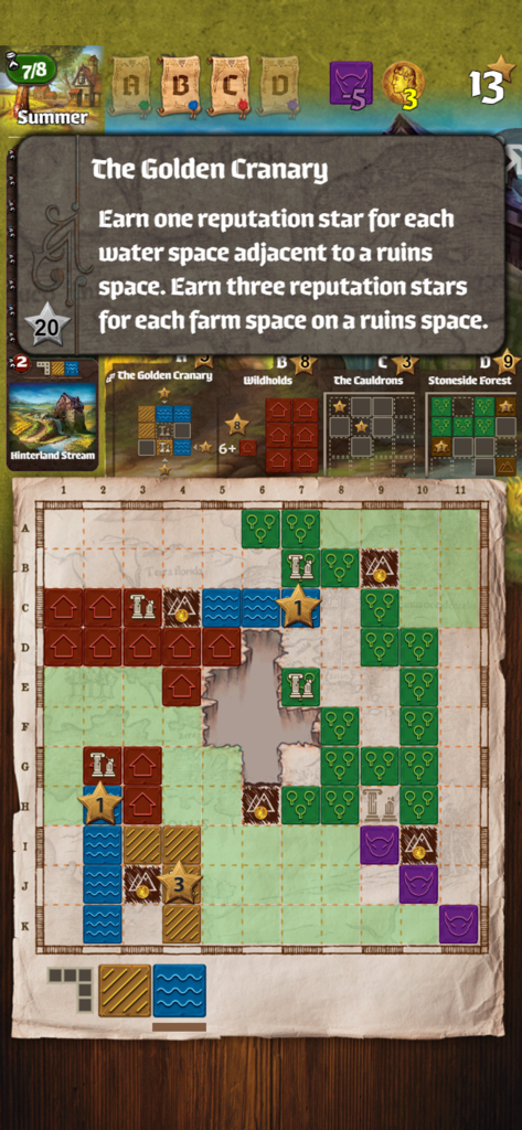 Cartographers - Écran de jeu de Cartographers montrant une grille de carte dessinée à la main avec des formes de terrain et une carte de règles de notation pour le Grenier d'Or.