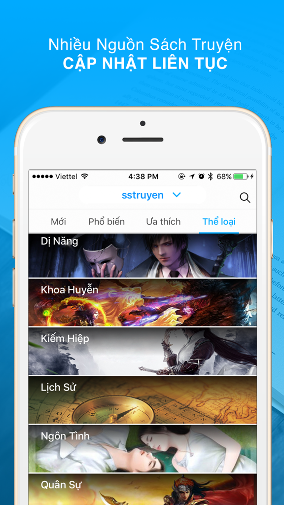 Screenshot of aBooks app showing a list of Vietnamese book genres including Romance and History on an iPhone screen