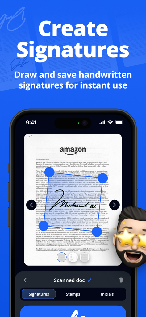 Sign Documents: Signature PDF - Mobile app interface showing a handwritten signature being placed on a PDF document