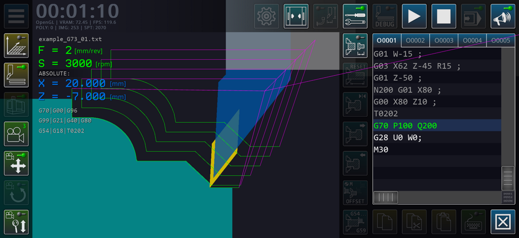 CNC Lathe Simulator - Interface of CNC Lathe Simulator showing a G-code editor and technical toolpath visualization