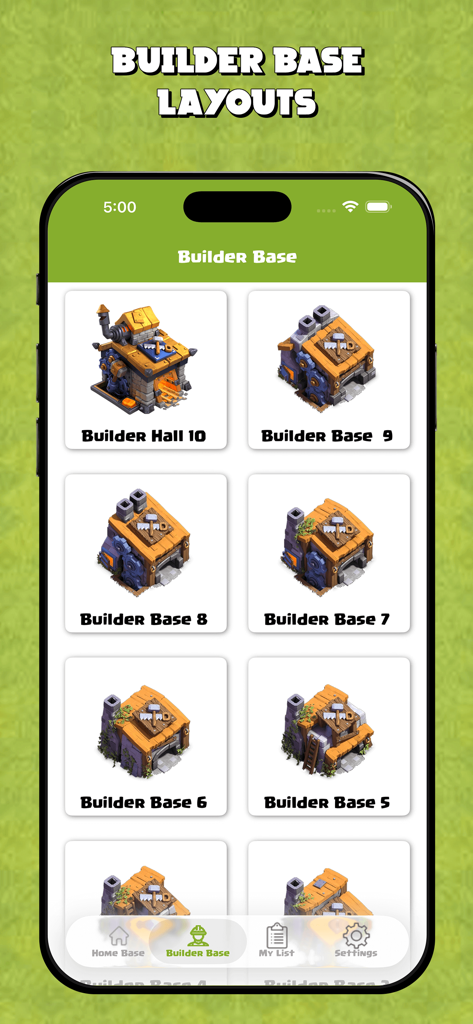 Map Layout for Clash of Clans - Mobile app screen showing a selection of Builder Base layouts for different hall levels in Clash of Clans