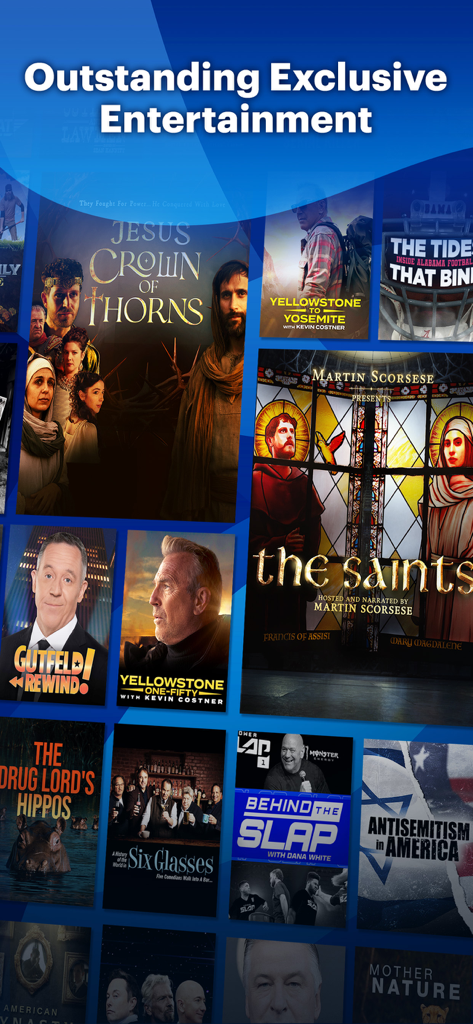 Fox Nation - Screenshot of Fox Nation app showcasing exclusive original shows and documentaries like The Saints and Yellowstone One Fifty