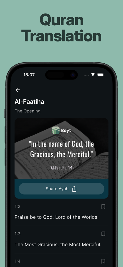 Beyt: Quran and Prayer Times - Beyt mobile app interface showing Quran translation for Surah Al-Faatiha with a share ayah button