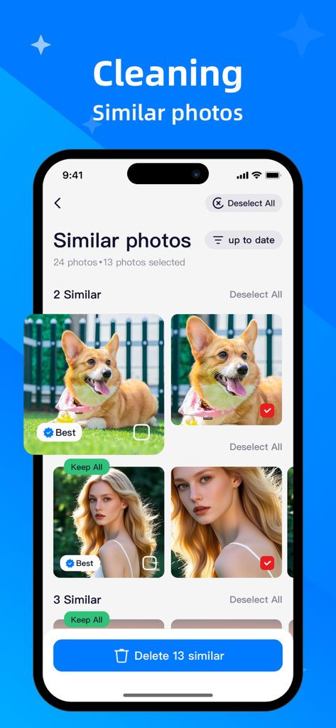 Clean Now：Clean Up Storage - 類似写真を特定し、ストレージスペースを解放するための最適なショットを強調表示するClean Nowアプリのインターフェース