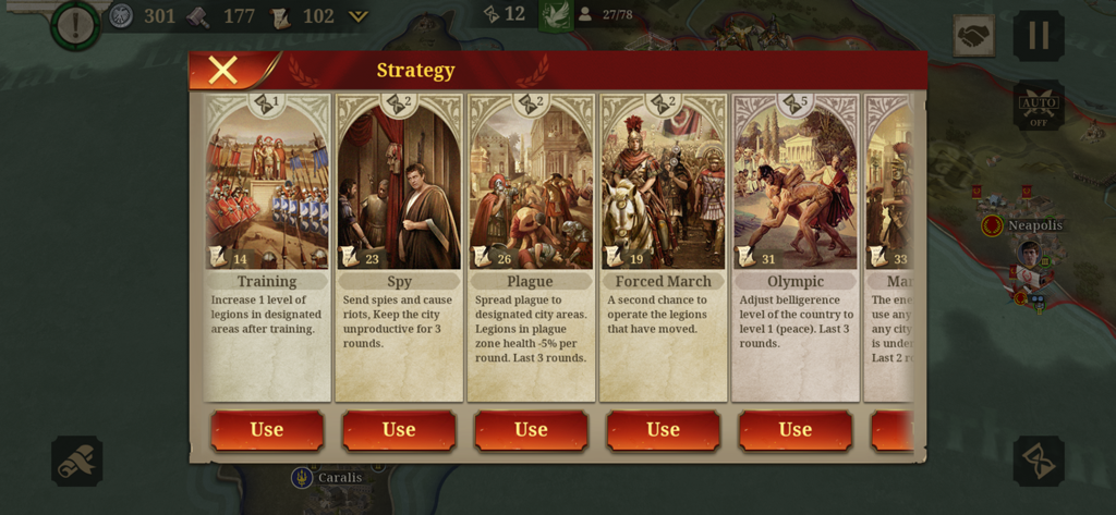 Great Conqueror: Rome - Strategy cards menu in Great Conqueror Rome showing Training Spy and Plague options
